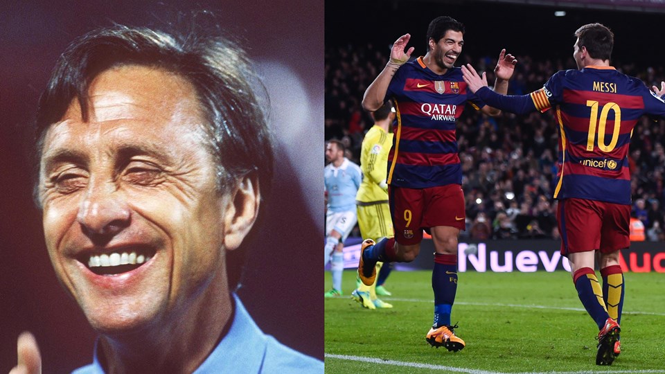 El exjugador holandés Johan Cruyff recibió con alegría la jugada que se inventaron Luis Suárez y Lionel Messi con el FC Barcelona ante el Celta de Vigo, el pasado 14 de febrero en Barcelona (fotos FIFA.com).