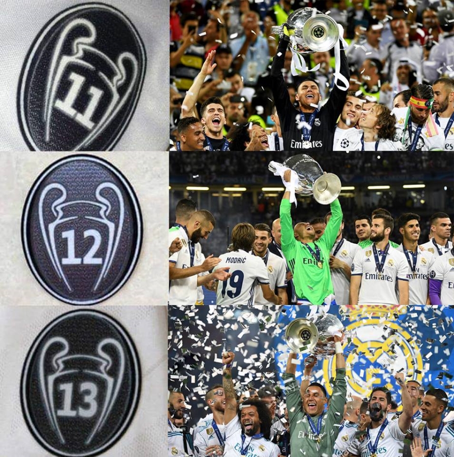 Esta composición fotográfica muestra al costarricense Keylor Navas victorioso al acumular tres títulos seguidos de la "Champions League" de la UEFA con el Real Madrid, al alzar "La Orejona" en las finales continentales en el 2016, 2017 y 2018. Los cetros europeos 11, 12 y 13 del historial merengue (fotos Real Madrid y 'UEFA Champions League').