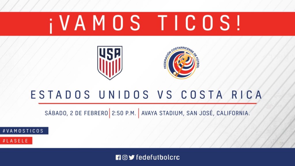 Aviso oficial de la Federación Costarricense de Fútbol sobre el amistoso del 2 de febrero entre Estados Unidos y Costa Rica, en San José, California (Facebook de la Fedefútbol).
